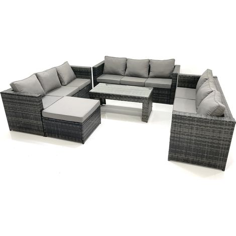 Fimous Ensemble de meubles de jardin en polyrotin 10 places avec Table basse carrée Grand tabouret Gris foncé mixte (1/5)