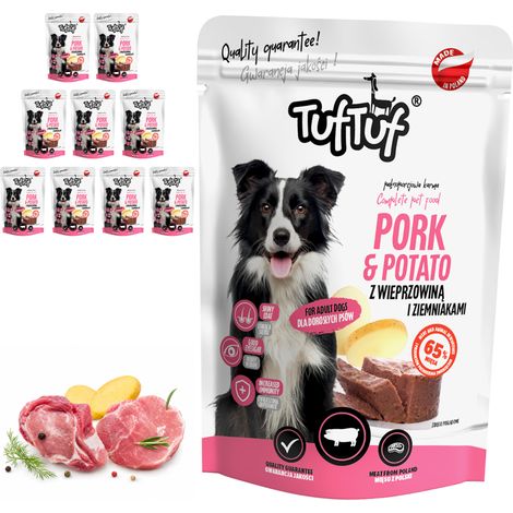 Cibo umido per cani TufTuf, gusto maiale e patate, in bustina da 10x300g, con carne in scatola. (1/5)