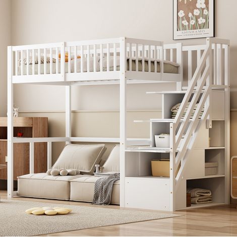 Letto rialzato bambini 90x200 cm con scala portaoggetti, rete a doghe, senza materasso, bianco (1/5)