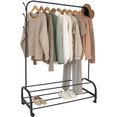 Relaxdays Kleiderständer rollbar, HxBxT: 160 x 110 x 40 cm, 2 Ablagen, seitliche Haken, Eisen, Garderobenwagen, schwarz