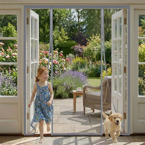 Moustiquaire Porte Fenetre 210x180cm Aimantée à Double Ouverture Latérale \u2013 Rideau Anti-Mouches et Moustiques avec Maille Très Dense, Idéal pour Porte de Balcon et Terrasse (Gris)