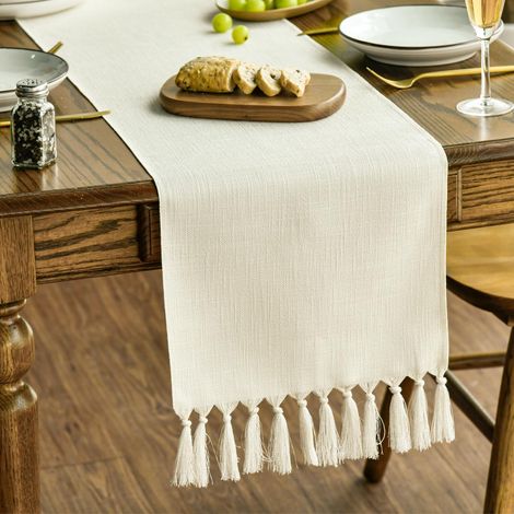 Camino de mesa rústico bohemio beige con borlas, estilo granja, 33x143 cm. (1/5)