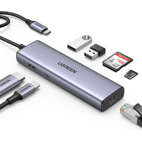 Adaptateur HUB USB-C - USB-A / HDMI / RJ45 / Lecteur de cartes SD et TF / USB-C PD 100 W - gris