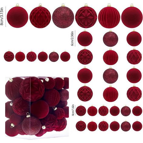 Boules De Noël En Velours - Ornement Accrochable En Velours Rouge Vin - 36 Pièces Avec 5 Modèles Et 3 Tailles (Petit Moyen Grand) (1/5)