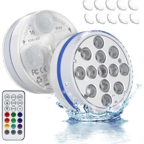 2 Lumière LED Submersible, Lumiere de piscine led Avoir 13 perles de lampe LED, aimant en forme de croix, 4 ventouses, 16 modes d\'éclairage RGB, minuterie, étanche IP68 avec télécommande RF