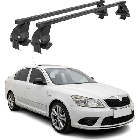 OMAC Dachträger Querträger Stahl für Skoda Octavia II 2009-2013 FL 5Tür – Abschließbar – City-Crash-getestet – DIN 75302:2019 – ISO/PAS 11154:2006 – Max. 50 kg Schwarz (1/5)