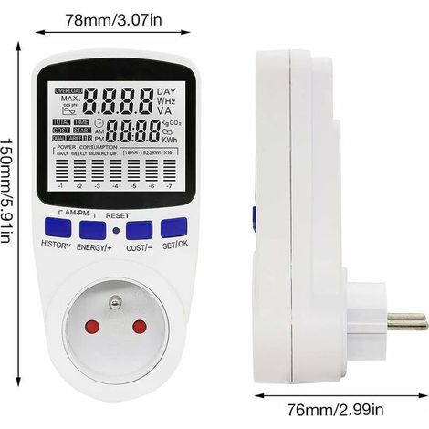 Pack Wattmètre Prise Compteur d'énergie, Double Tarif Compteur, Prise Compteur dÉnergie électrique, Compteur de Consommation dénergie électrique avec 7 Mode et lécran LCD, Max 3680W