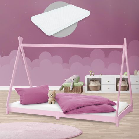 ML-Design Cama Infantil Tipi Rosa 90x200 cm + Colchón de Espuma Fría 16cm y Somier de Listones, Cuna de Suelo Juvenil de Madera Maciza de Pino, Lecho para Niño y Bebé, Casa Tienda de Campaña Juego (1/5)