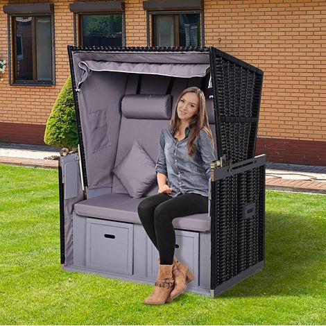 Lettino doppio da giardino 118x79x150 cm, schienale a 5 livelli, tettuccio estraibile, rattan plastico grigio (1/5)