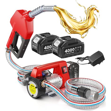 Pompe à Gasoil Sans Fil 45L/Min Diesel Kérosène, Buse Auto Stop Pompe Carburant Électrique Kit 2x 18V 4,0Ah Batteries (1/5)