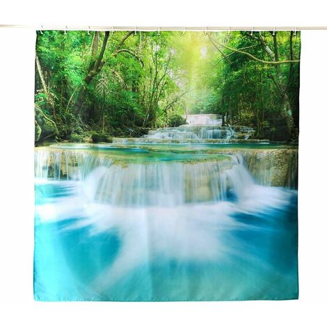 Cortina de ducha impermeable y antimoho para baño, 100% poliéster, con 12 anillas para ganchos, diseño de cascada verde, 180 x 200 cm. (1/5)