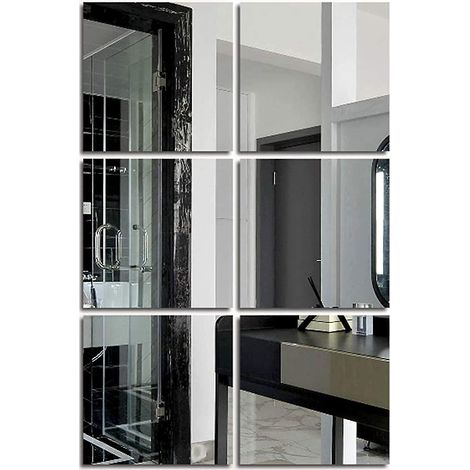 Lot de 6 autocollants muraux miroirs carrés adhésifs, miroirs acryliques adhésifs amovibles argentés, autocollants muraux pour chambre à coucher et salon