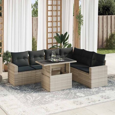 Salon de Jardin 7 Places avec Table et Coussins Canapé Résine Tressée Gris Clair Cadre Acier, Plateau Verre Trempé, Fonction Rangement, Housse Lavable (1/5)