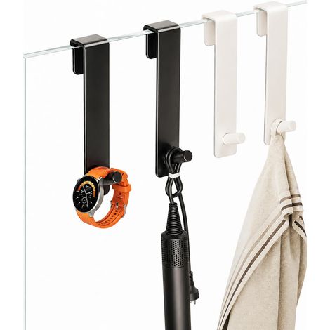 Lot de 4 crochet paroi de 12,5 cm en acier inoxydable noir et blanc sans perçage, porte-serviettes avec protection pour épaisseurs de verre jusqu'à 10 mm, accessoires de salle de bain et douche (1/5)