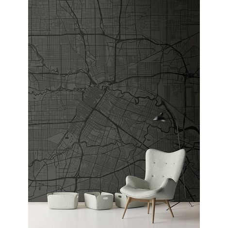 Papier peint panoramique carte du monde | Tapisserie panoramique moderne noire et anthracite | Papier peint panoramique pour bureau - 270 x 400 cm (4 pièces) (1/5)