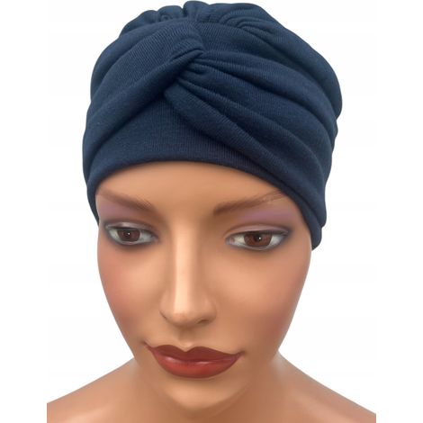 Turbante da donna post-chemioterapia Sara, copricapo caldo blu navy con fodera (1/5)