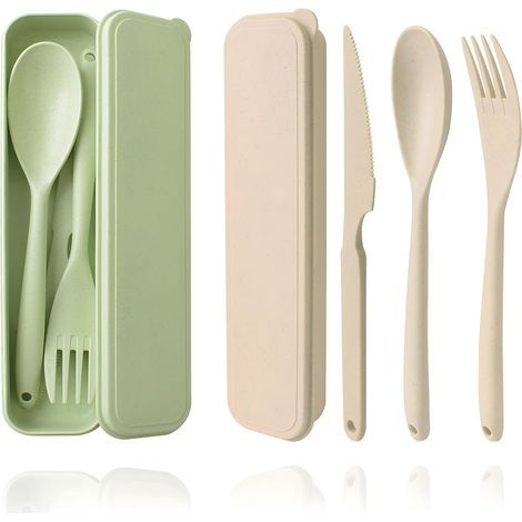 Großes, wiederverwendbares Kunststoffbesteck mit Etui, 2 Sets (Löffel, Messer und Gabel) für Lunchbox, Picknick und Reisen. (1/5)