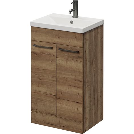 Napoli 390 Tobacco Oak 500mm 2 Door Vanity Unit with Glide Basin - 500mm - Gunmetal Grey 160mm Handle