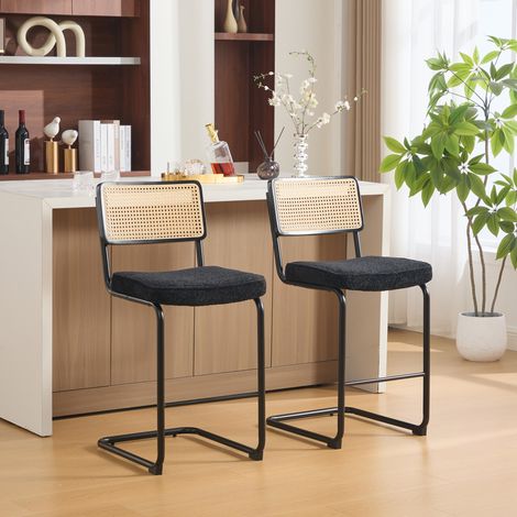 Tabouret de bar moderne design haut brillant, 2 tabourets par paquet, assise en tissu chenille, design sans accoudoirs, dossier avec cadre en bois et aspect rotin, pieds métalliques avec peinture. - N (1/5)