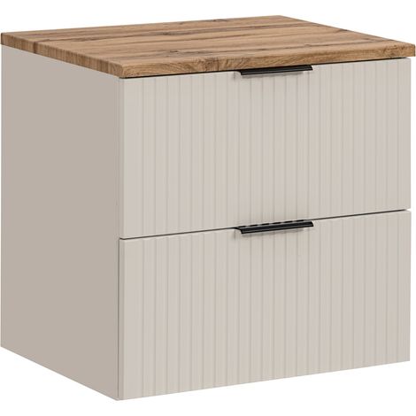Furnidea - Meuble de salle de bain suspendu sous vasque ADEL CACHEMIRE avec plan CHÊNE 60 cm - 2 tiroirs, façades rainurées (1/5)