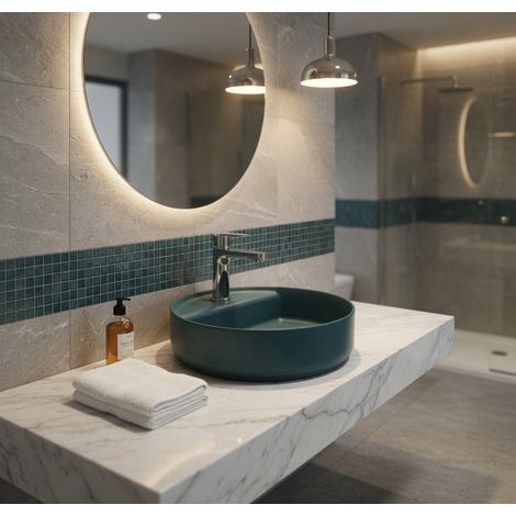 Lavabo tondo da appoggio senza troppo pieno in ceramica con foro rubinetto -Verde Petrolio Opaco