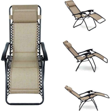 Sedia da mare beige sdraio poltrona con cuscino per relax pieghevole salvaspazio reclinabile spiaggia piscina esterno (1/4)