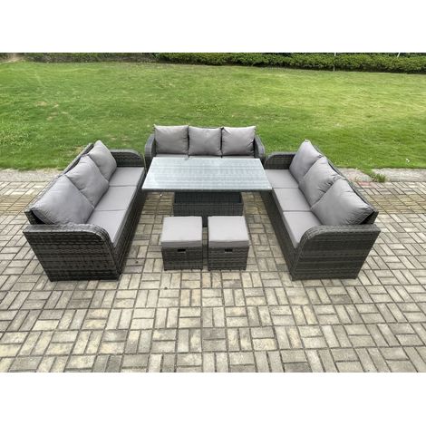 Fimous Patio Garden Dining Set Outdoor Rattan Furniture Lounge Sofa Height Adjustable Rising lifting Table With 2 Small Footstools Dark Grey Mixed (1/5)