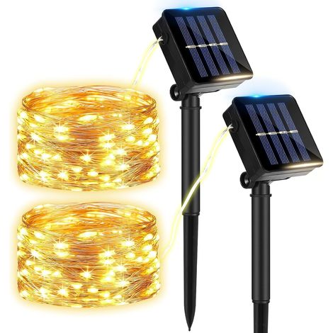 Lot de 2 Guirlande Solaire Exterieur, Guirlande lumineuse solaire,12M 100 LED Noël Guirlande Lumineuse Solaire 8 Modes Étanche Fil Cuivre Lumière pour Sapin de Noël, Jardin, Balcon (Lumière chaude) (1/5)