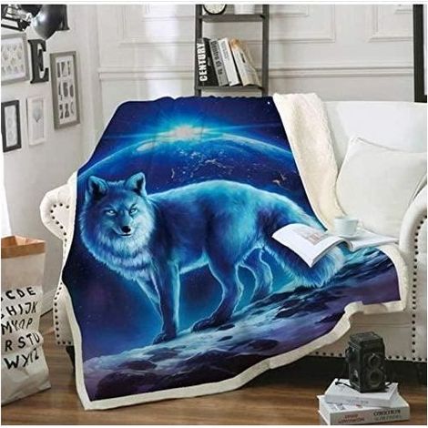 Decke, blauer Wolfsdruck, doppelseitiger Samt, Sherpa-Fleece, 70 x 140 cm, Wohnzimmer/Schlafzimmer (1/5)