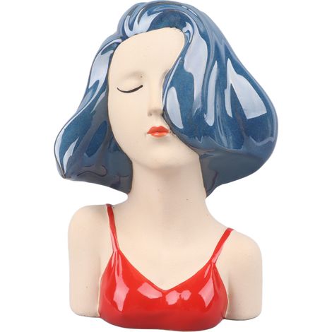 Vase en forme de visage de fille, sculpture décorative moderne en céramique, vase à fleurs pour salon, chambre ou bureau, bleu (1/5)