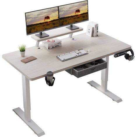 140x76cm Bureau Assis Debout Électrique, Bureau De 55 Pouces Avec Tiroirs Et Commande Manuelle De 4 Claviers Avec Fonction De Mémoire Automatique, Chêne