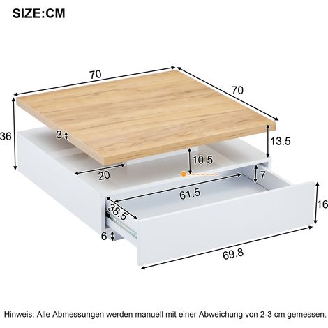 Multifunktionale quadratische 360° schwenkbare Kaffeeschublade, weißer Hochglanz 2-stufiger mittig schwenkbarer Tisch und Aufbewahrungsschrank, Nussbaum-Spanplattenrahmen Wohnzimmerbeistelltisch, weiß (1/5)