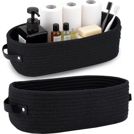 2 cestas de almacenamiento de cuerda de algodón trenzada, tamaño 33×15×10 cm, cestas pequeñas con asas de cuero para baño, dormitorio, cocina y estantería (negro) (1/5)