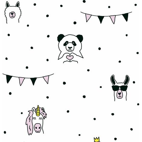 Papier peint animaux rose & noir Tapisserie chambre fille animaux rose & noire Papier peint chambre bébé licorne & panda (1/4)