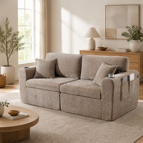 Divano 2 posti in tessuto chenille marrone con tasca laterale, portabicchieri, cuscino e USB DESVIAE (1/5)