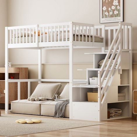 Letto a soppalco 90x200 cm - letto per bambini con scala e contenitori - in pino massiccio - bianco