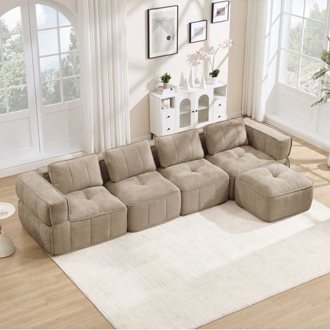 Divano angolare modulare 4 posti con pouf, schiuma 32D, poliestere sabbia OKMYHOME (1/5)