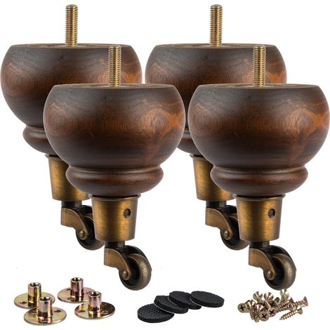 Lot de 4 pieds de meubles en bois de 14 cm avec roulettes, pieds de rechange en bois massif émaillé tourné avec boulon M20,3 cm pré-percé et plaque de montage pour fauteuil, fauteuil (1/5)