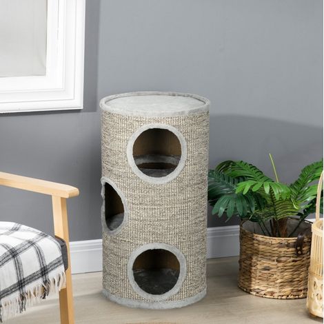 Torre rascador para gatos de 3 niveles, sisal, 38 x 38 x 70 cm, gris claro HAVRYA (1/5)