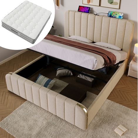Letto matrimoniale 216x150x101 cm, con contenitore idraulico, porta USB e Tipo C, lino beige (1/5)