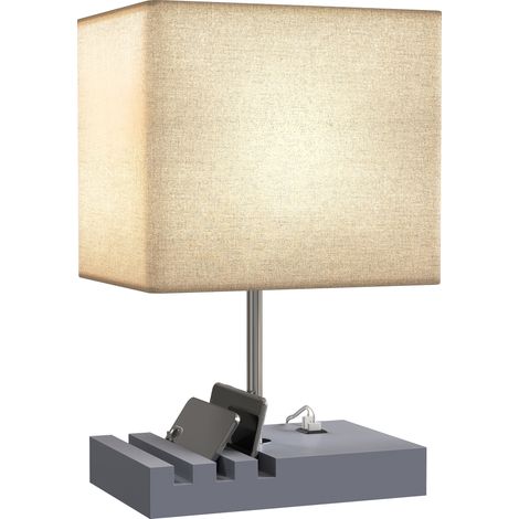 HOMCOM Table Lamp with 3 Slots, Bedside Lamp with Solid Wood Base, Grey