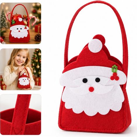 Sac Cadeau de Noel en Feutrine Epaisse Motif Pere Noel Rouge avec Poignee 18 x 13 x 5 cm (1/5)