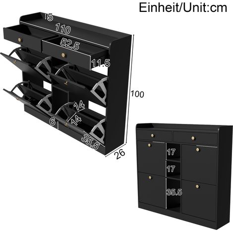 Meuble à chaussures noir élégant, 4 portes battantes, 2 tiroirs, 3 compartiments ouverts - idéal pour entrée moderne, dimensions 110 x 26 x 100 cm (1/5)