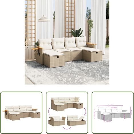 Gartensessel - 6-tlg. Garten-Sofagarnitur mit Kissen Beige Poly Rattan (1/5)