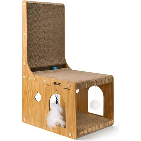 Griffoir pour Chat en L à Double épaisseur, Poteau à griffer en Carton avec Jouets, Griffoir et Cachette pour Chats d'Intérieur, se Reposer et Jouer (1/5)