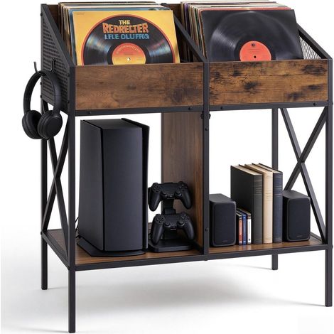 COSTWAY Meuble Vinyle à 2 Niveaux avec 4 Compartiments, Marron (1/5)