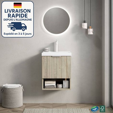 Mueble de baño con lavabo individual de pared, 42 cm, lavabo rectangular de cerámica blanca, puerta doble a rayas, imitación roble crema. (1/5)