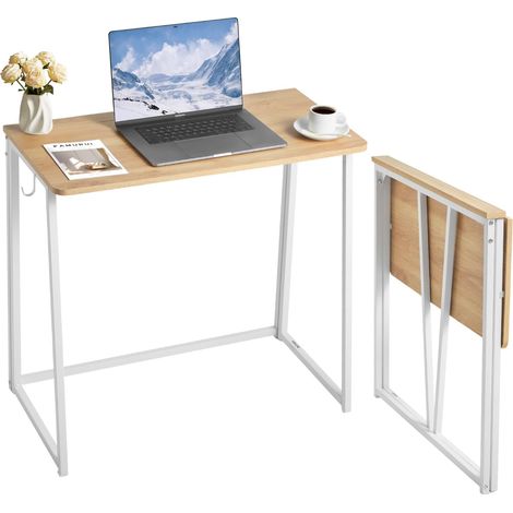 Bureau d'ordinateur pliant 80 cm, table de bureau informatique pliable pour petits espaces, poste de travail en panneau de particules robuste avec crochets de rangement, couleur de bois et blanc (1/5)