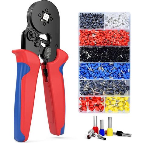 Pince à Sertir, Kit D'outils de Sertissage avec 1200 Cosses Embouts de Câble Pince à Embout Réglable, Pince à Sertir les Embout Fil Electrique(Pince à sertir+1200 cosses)rouge, (1/4)