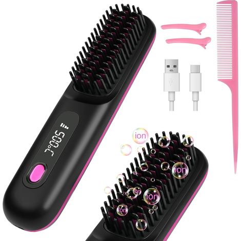 Brosse lissante à ions négatifs, peigne lisseur avec 3 modes de température et écran LED, chauffe anti-brûlure en 20 secondes, brosse en céramique rechargeable par USB pour des cheveux lisses et sans 